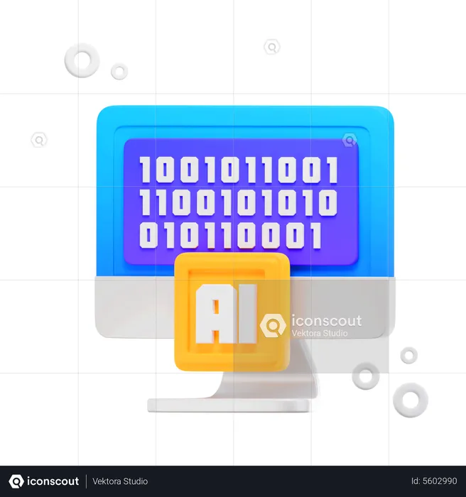 Artificial Intellegence in Desktop with Binary Code  3D Icon