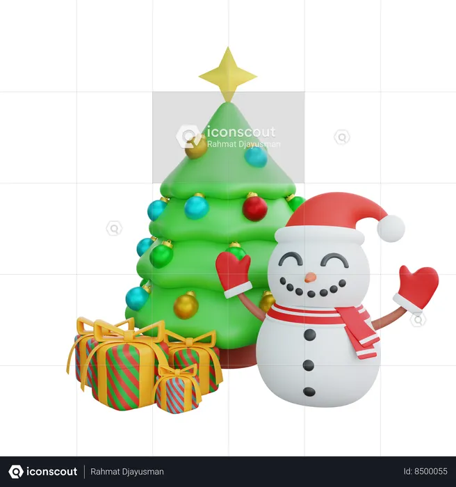 Árvore de natal com boneco de neve  3D Icon