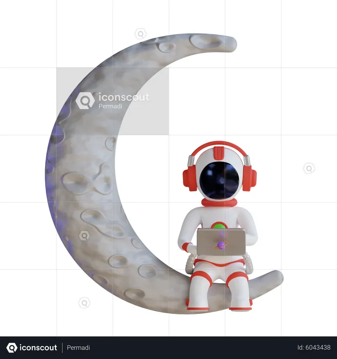 Astronaut arbeitet mit Laptop auf dem Mond  3D Illustration