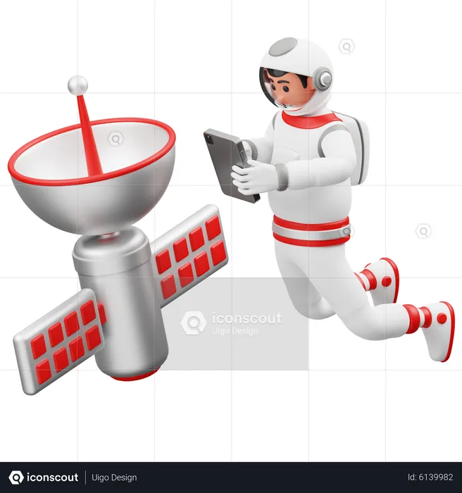Astronaut Controlling Satellite  3D Illustration