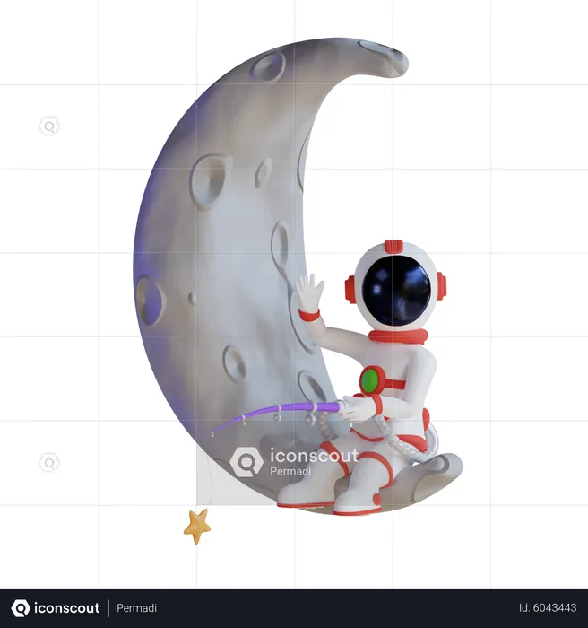 Astronaut Fishing Star On Moon  3D Illustration