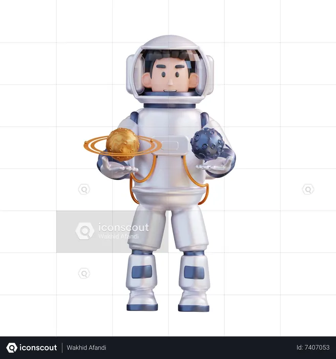 Astronaut hält Mond und Saturn  3D Illustration