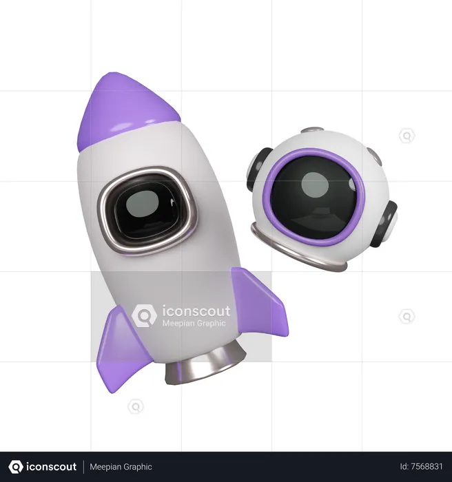 Astronaut Helmet Flying Space Rocket  3D Icon