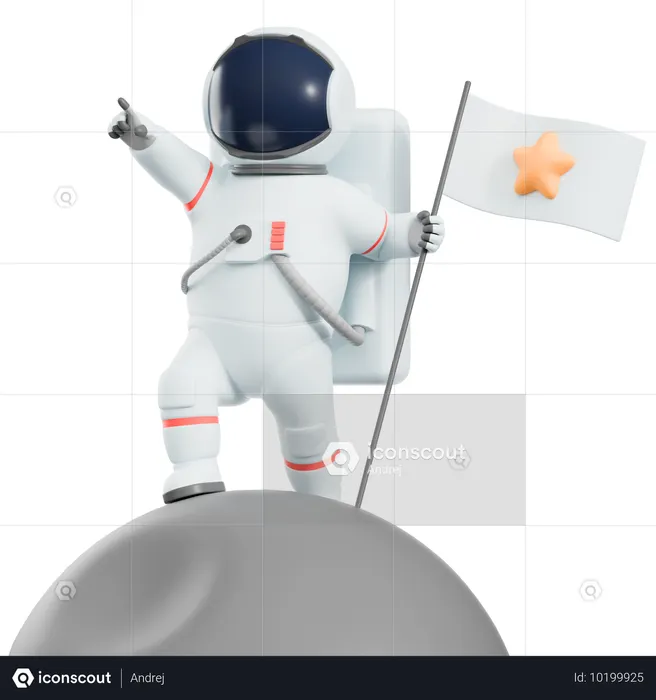 Astronaut Holding Flag On Moon  3D Illustration