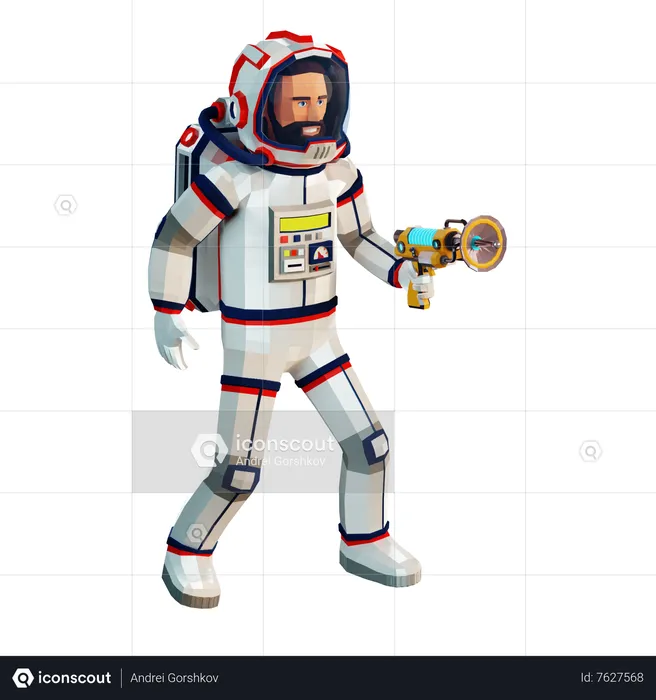 Astronaut im Raumanzug mit einer Laserpistole in der Hand  3D Illustration