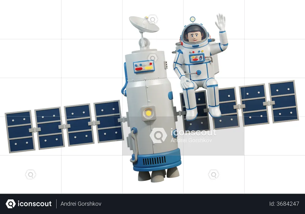 Astronaut in spacesuit sits on space satellite  3D Illustration