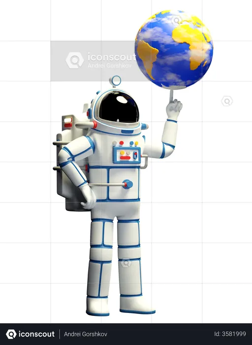 Astronaut in spacesuit twirls the planet earth on his finger  3D Illustration