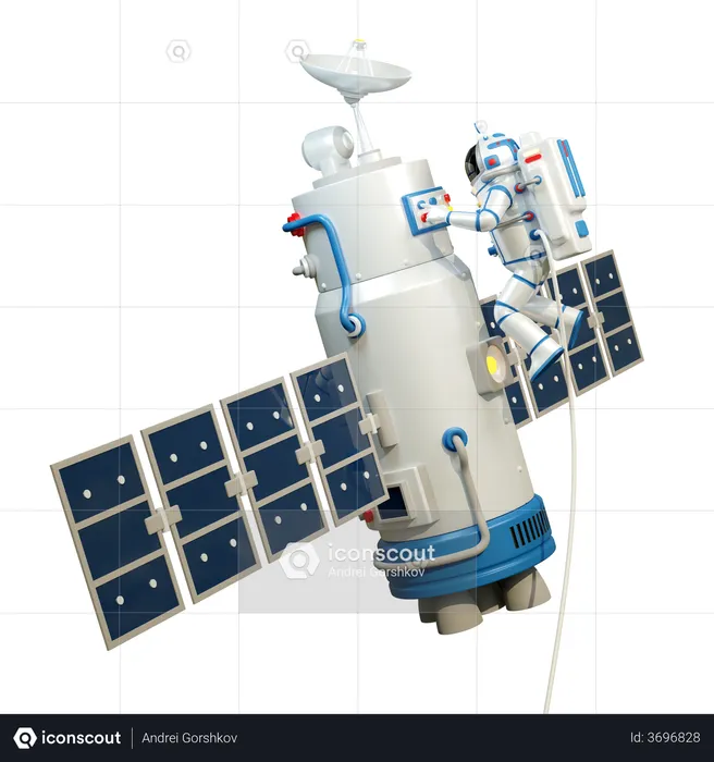 Astronaut in spacesuit works in open space with satellite  3D Illustration