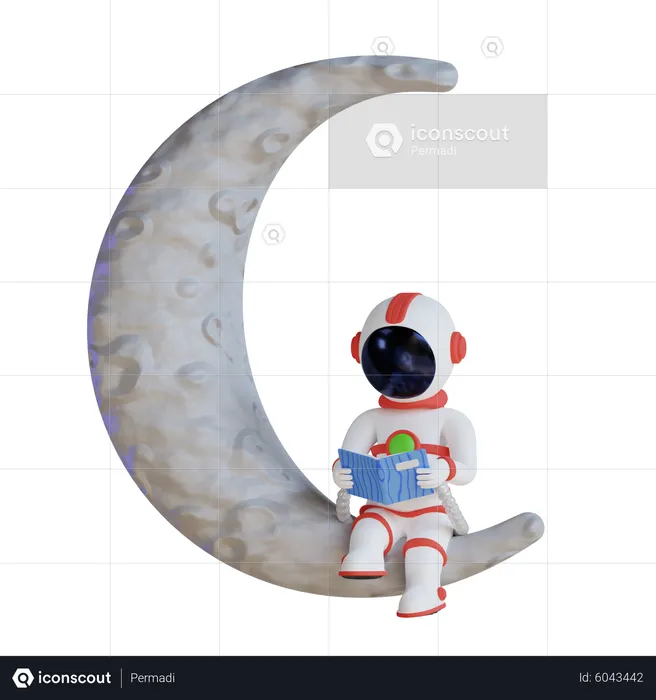 Astronaut liest Buch auf dem Mond  3D Illustration