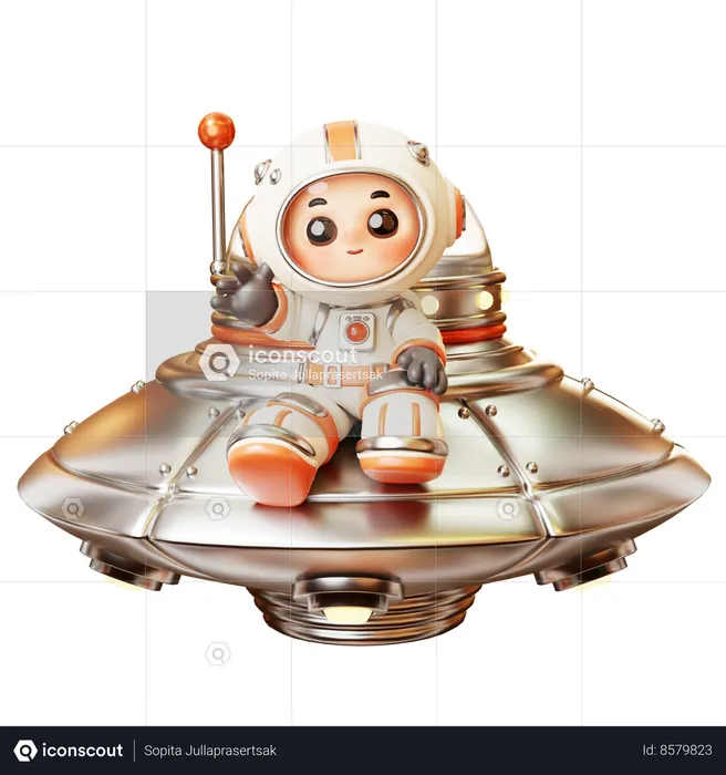 Astronaut On Flying Ufo With Greeting Gesture  3D Illustration