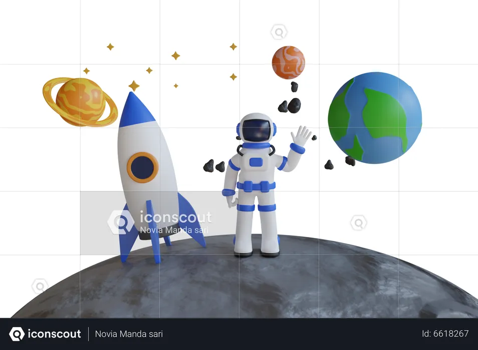 Astronaut On Moon With Rocket And Planets  3D Illustration