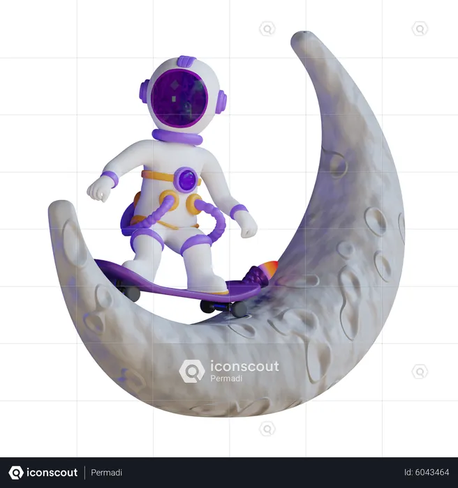 Astronaut Playing Skateboard On Moon  3D Illustration