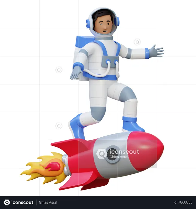 Astronaut Riding Rocket Spaceship  3D Illustration