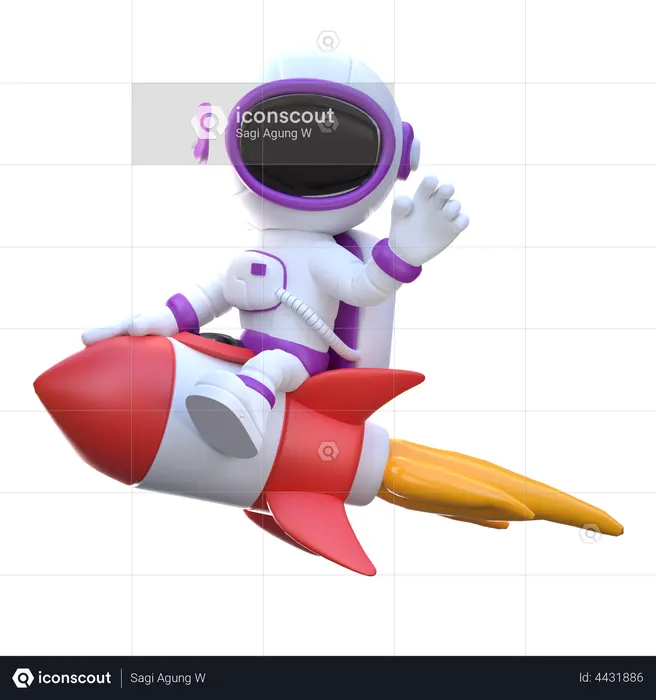 Astronaut riding rocket while waiving hand  3D Illustration
