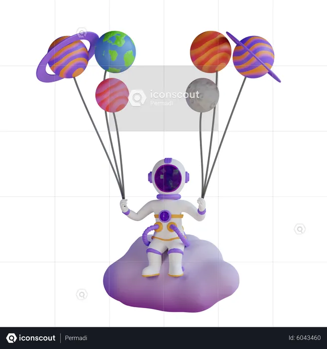 Astronaut Sitting On Cloud With Planet Balloon  3D Illustration