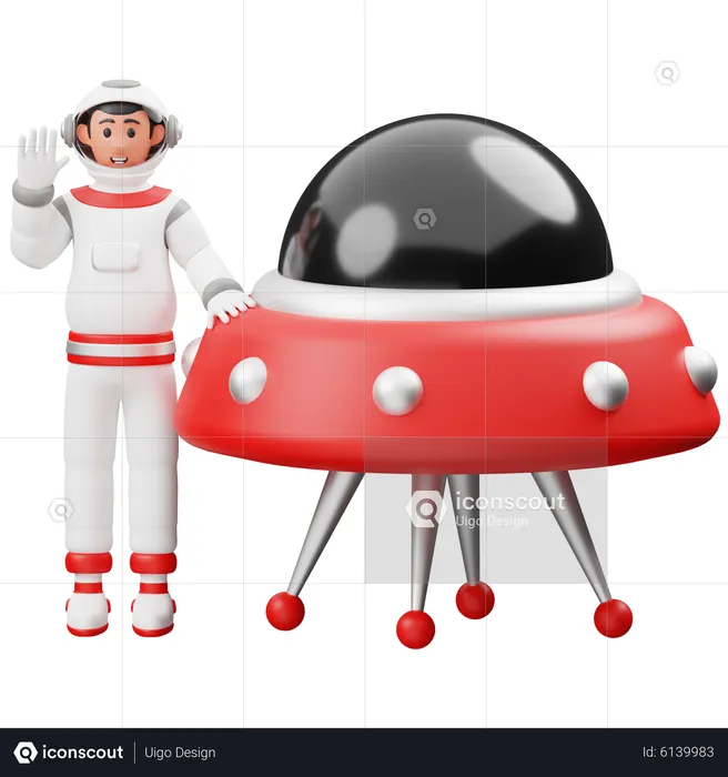 Astronaut Standing Beside Ufo  3D Illustration