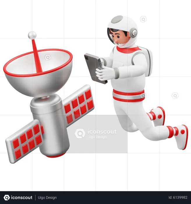 Astronaut steuert Satelliten  3D Illustration