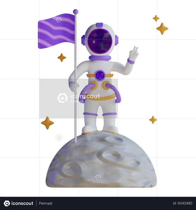 Astronaut With Flag On Moon  3D Illustration