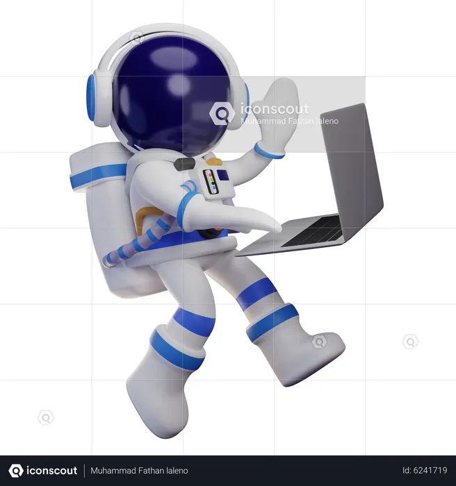 Astronaut Working On Laptop While Waving Hand  3D Illustration