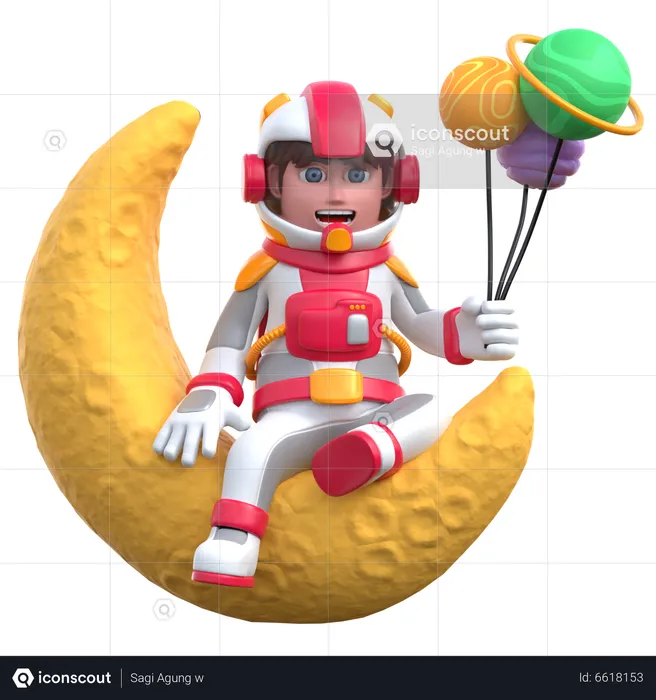 Astronauta de desenho animado na lua crescente  3D Illustration