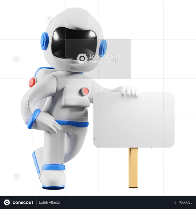 Astronauta em pé ao lado de uma placa branca em branco  3D Illustration