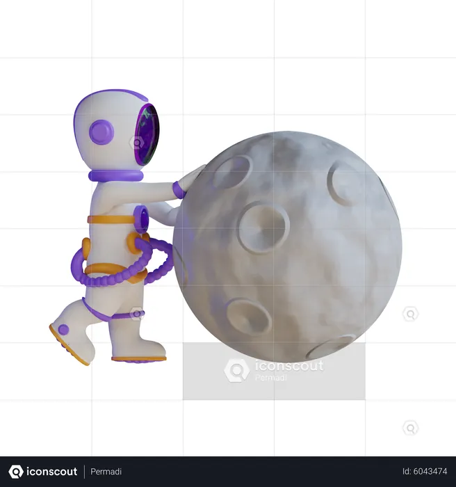 Astronauta empurrando a lua  3D Illustration