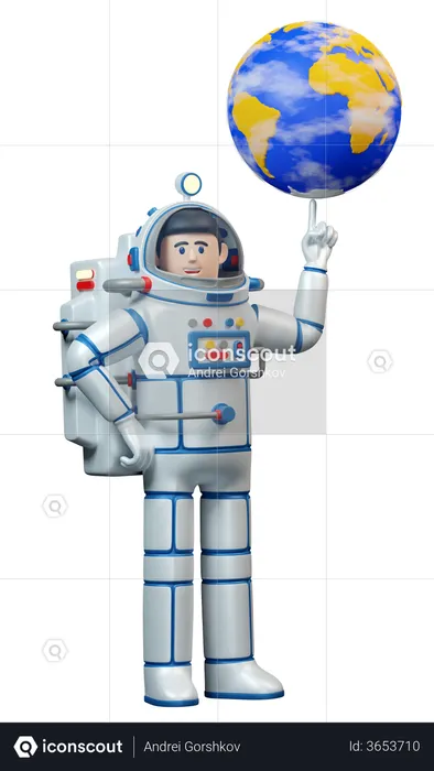 El astronauta hace girar el planeta Tierra en su dedo.  3D Illustration