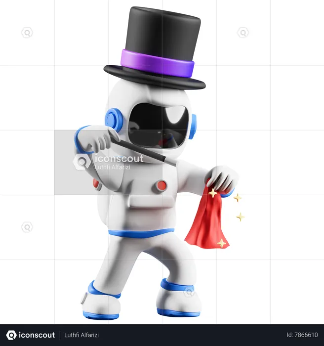 Astronauta haciendo truco de magia con varita y tela.  3D Icon