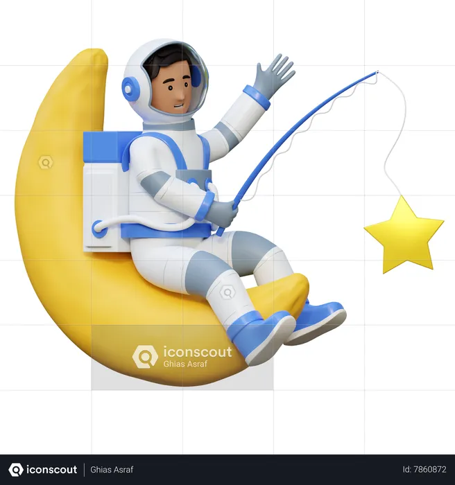 Astronauta pescando en la luna  3D Illustration