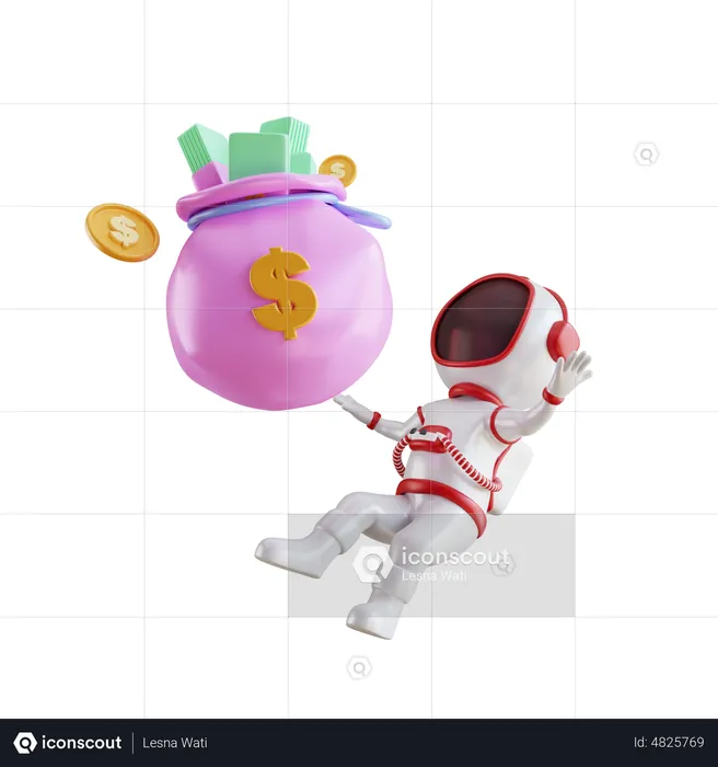 Astronauta rico con bolsa de dinero  3D Illustration