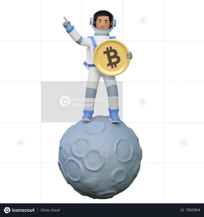 Astronauta segurando Bitcoin enquanto está na lua  3D Illustration