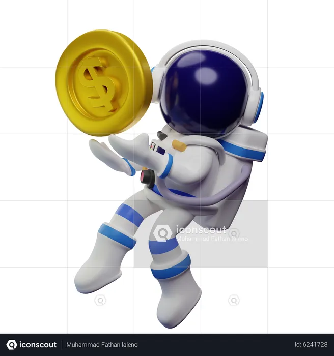 Astronauta segurando uma moeda de dólar  3D Illustration