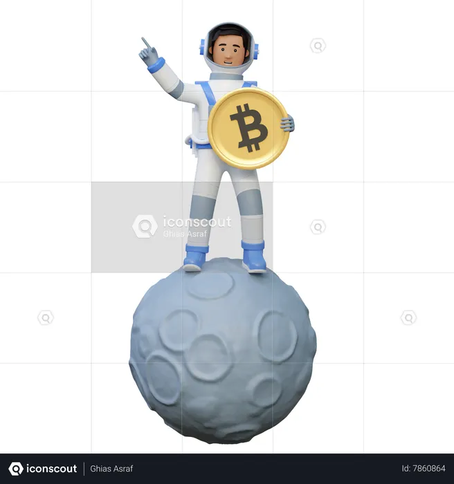 Astronauta sosteniendo Bitcoin mientras está de pie en la Luna  3D Illustration