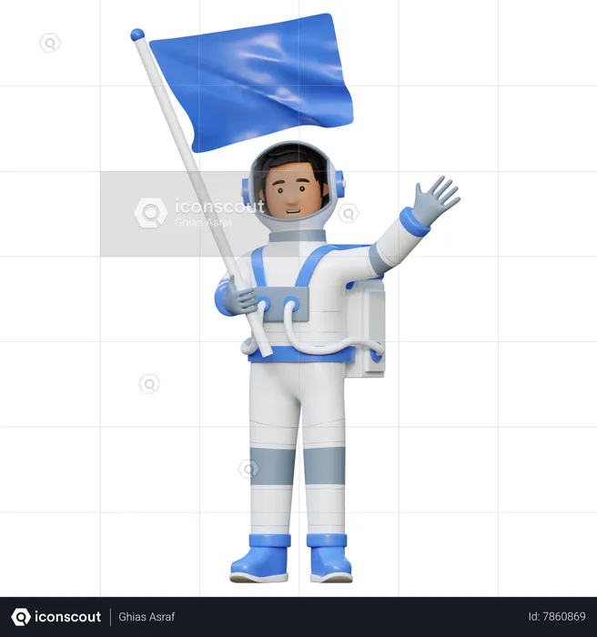 Astronauta voando e segurando uma bandeira no espaço  3D Illustration