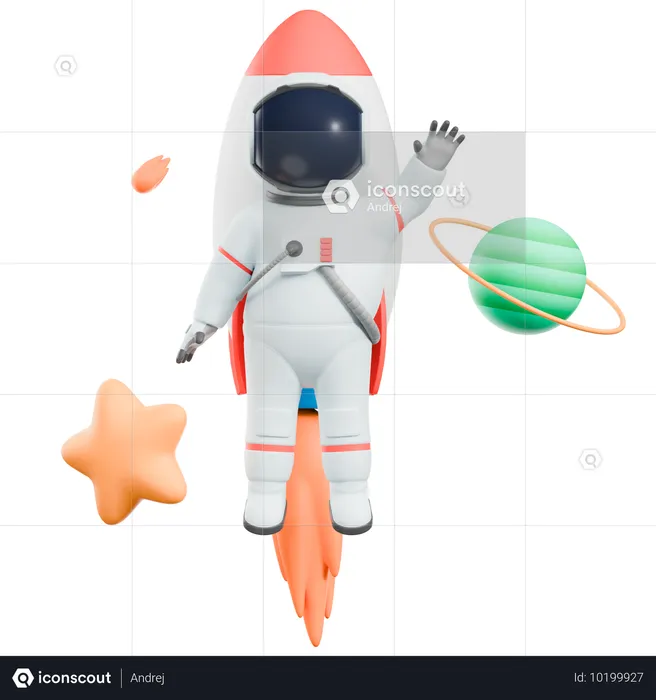 Astronauta volando con cohete  3D Illustration