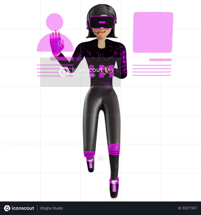 Atendimento ao cliente feminino no metaverso do dispositivo de realidade virtual  3D Illustration