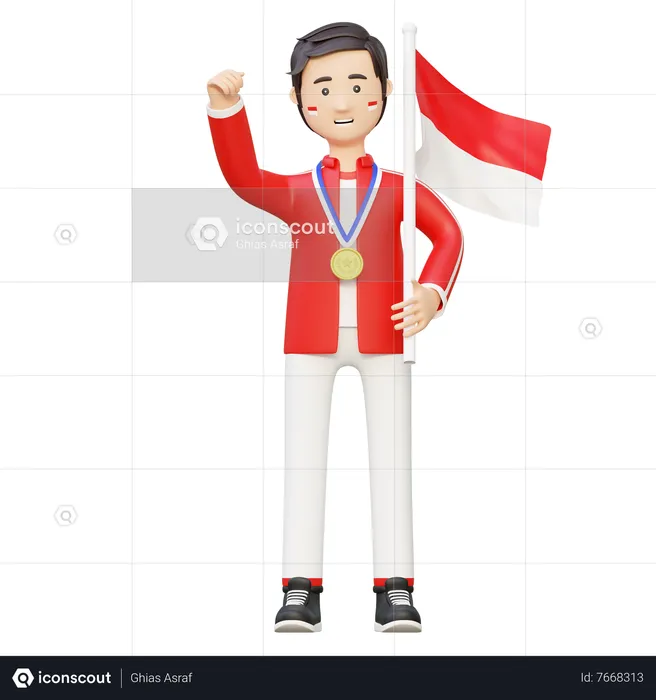 Athlete champion holding national flag  3D Illustration