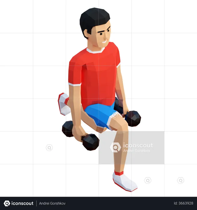 Hombre atleta entrenando estocadas en cuclillas con pesas en el gimnasio  3D Illustration