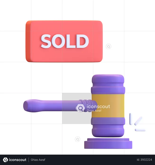 Auction sold text with striking wooden gavel  3D Illustration