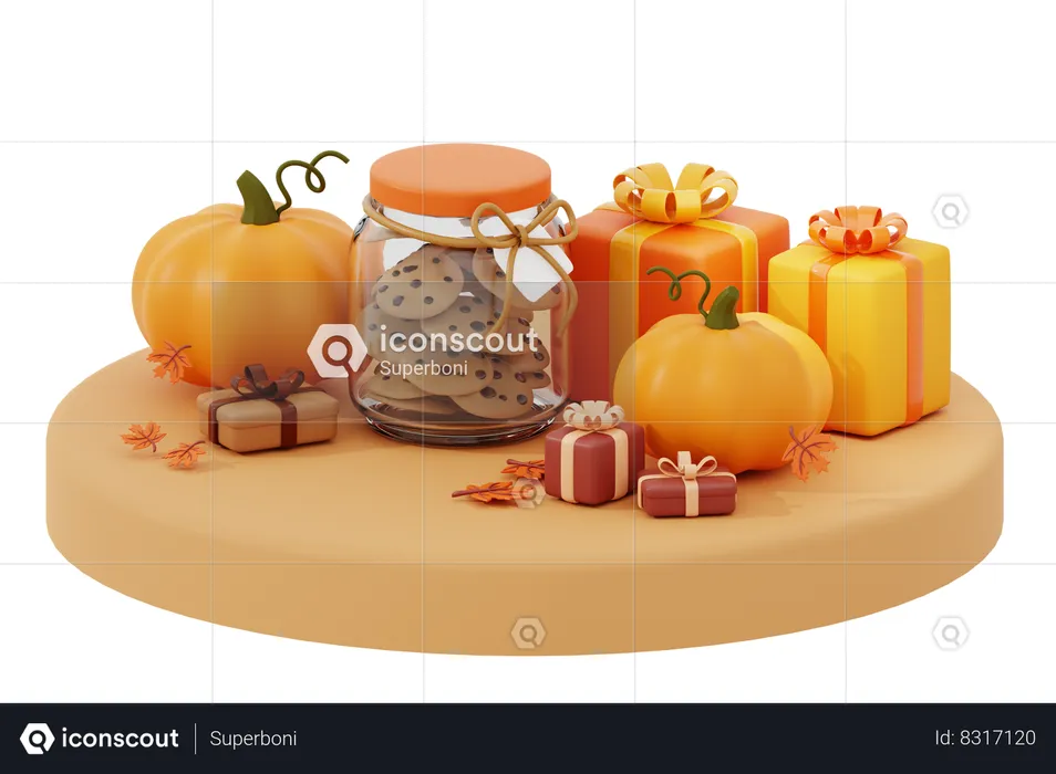 Autumn Gift And Cookies Above The Podium  3D Icon