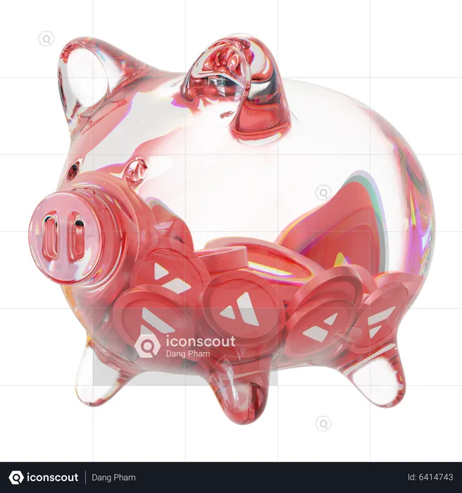 Avax-Sparschwein aus klarem Glas mit abnehmendem Stapel an Kryptomünzen  3D Icon