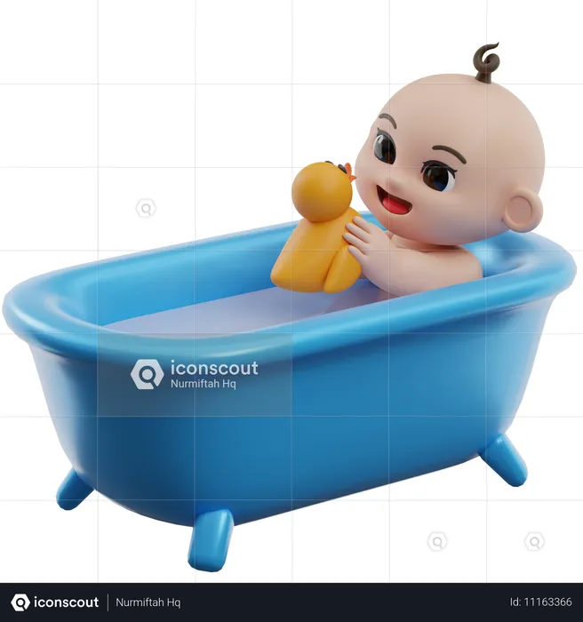 Baby Playing With Rubber Duck In Bathtub  3D Illustration