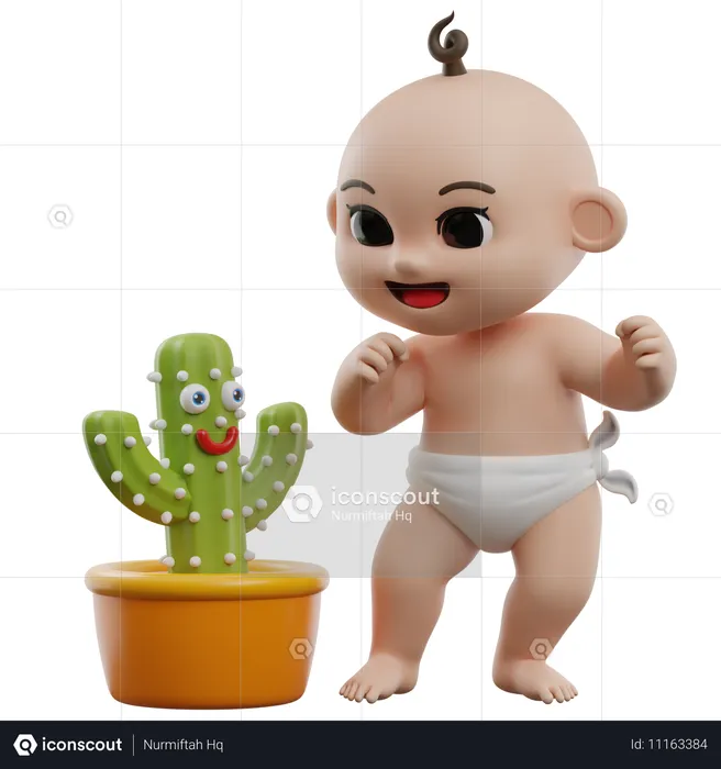 Baby With Talking Cactus Toy  3D Illustration