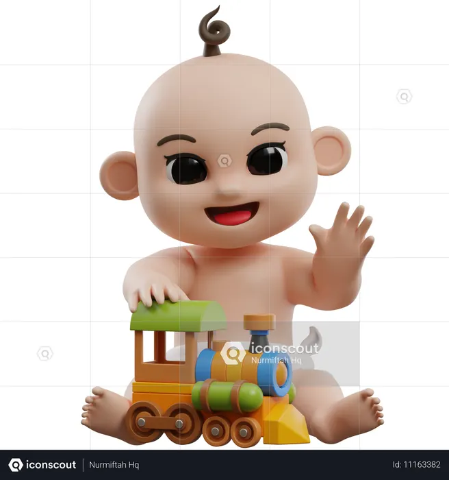 Baby With Toy Train  3D Illustration