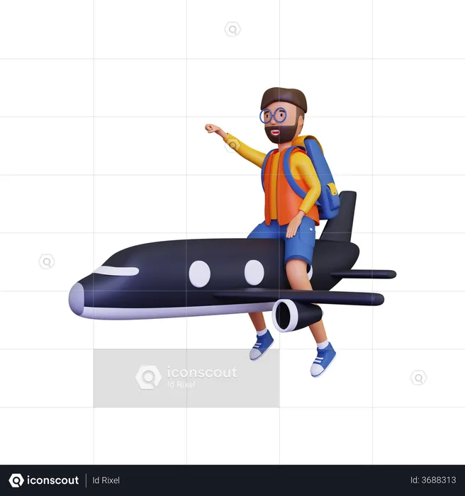 Backpacker travelling in plane  3D Illustration