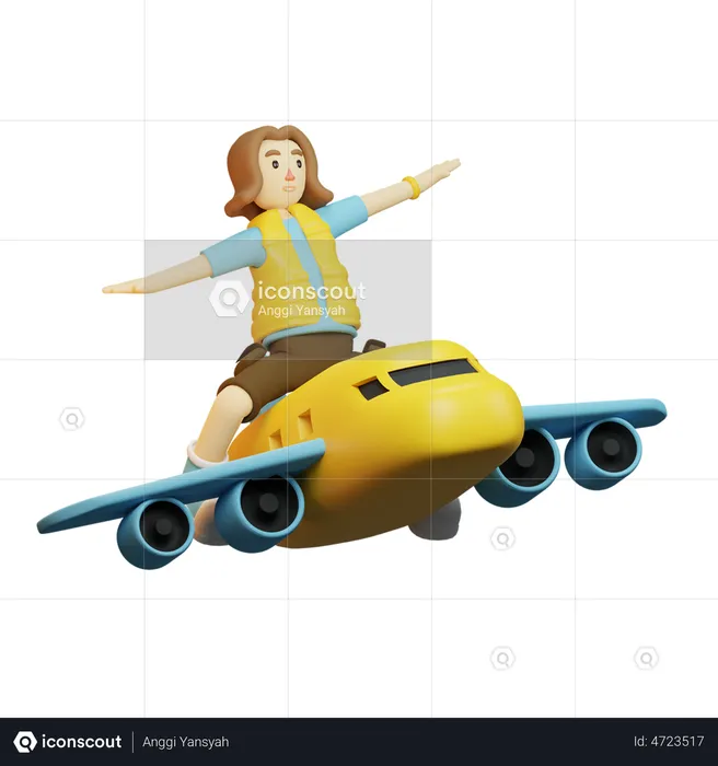 Backpacker travelling in plane  3D Illustration