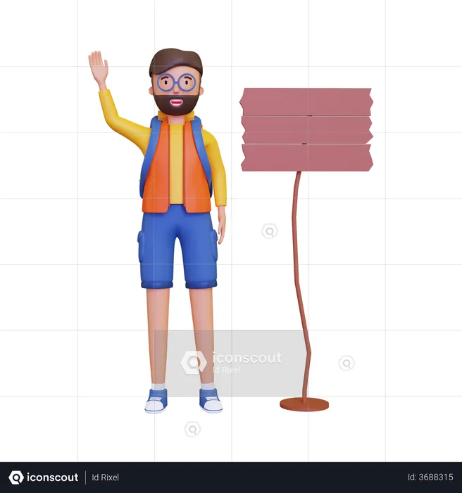 Backpacker was waving beside the signpost  3D Illustration