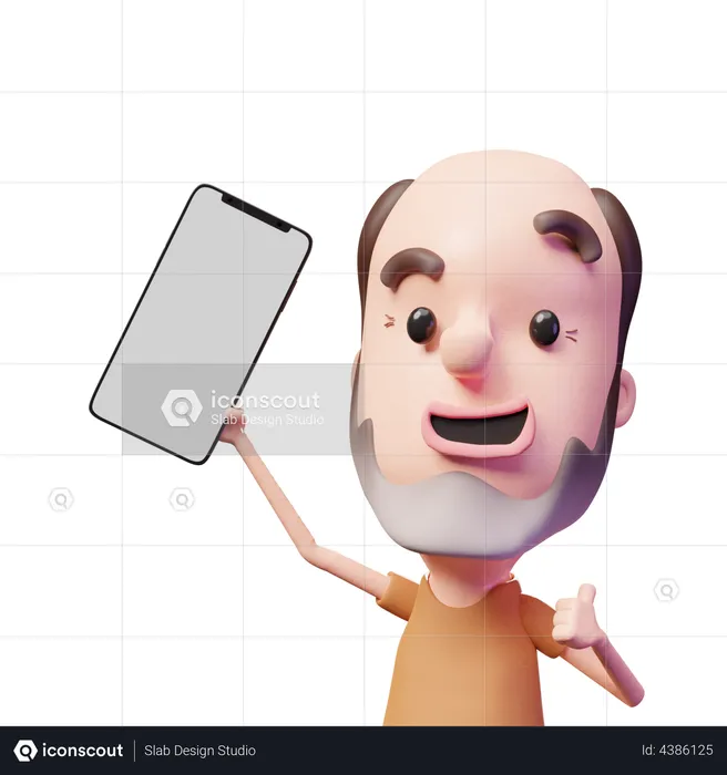 Bald man showing mobile screen  3D Illustration