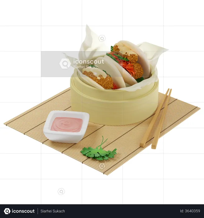 Bao buns steamed with tempura shrimp served in a bamboo steamer on parchment paper with sauce  3D Illustration