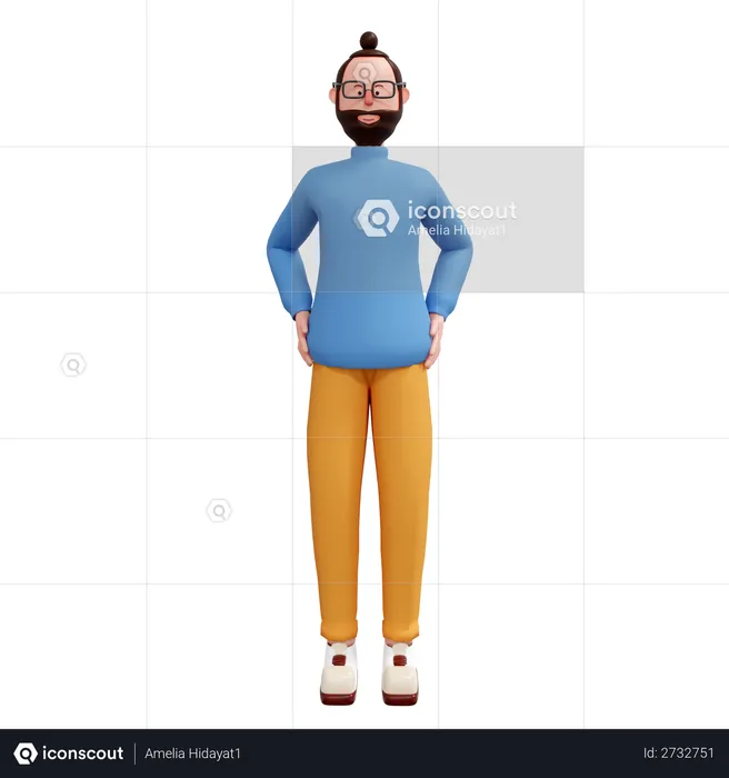 Homme barbu debout mettant les mains sur la taille  3D Illustration